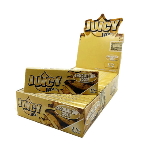 Front view of the Juicy Jay's pure rolling papers 1 1/4 size 24-pack display box in a vibrant, multi-colored aesthetic. This wholesale countertop display features a sweet variety of triple-dipped hemp papers designed to enhance your dry herb smoking sessions.