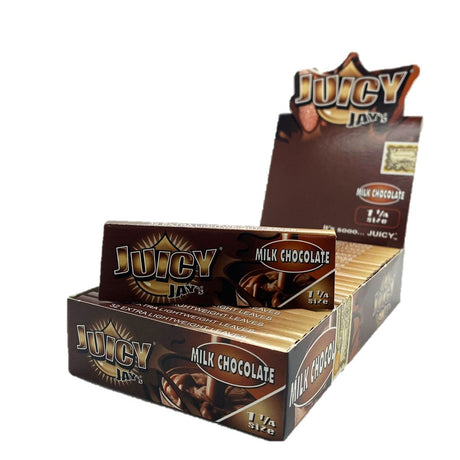 Front view of the Juicy Jay's pure rolling papers 1 1/4 size 24-pack display box in a vibrant, multi-colored aesthetic. This wholesale countertop display features a sweet variety of triple-dipped hemp papers designed to enhance your dry herb smoking sessions.
