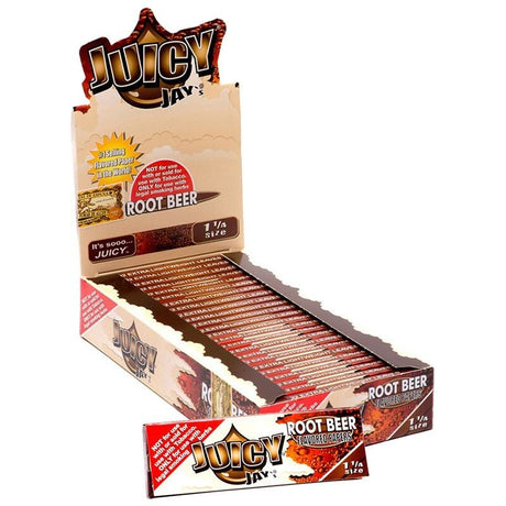 Front view of the Juicy Jay's pure rolling papers 1 1/4 size 24-pack display box in a vibrant, multi-colored aesthetic. This wholesale countertop display features a sweet variety of triple-dipped hemp papers designed to enhance your dry herb smoking sessions.