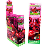 Front view of the Juicy Terp Enhanced Hemp Wraps 25-count display box and packaging in red packaging. Made from 100% natural toasted hemp, these tobacco-free wraps are infused with terpenes for an intensely flavorful and aromatic smoking experience.