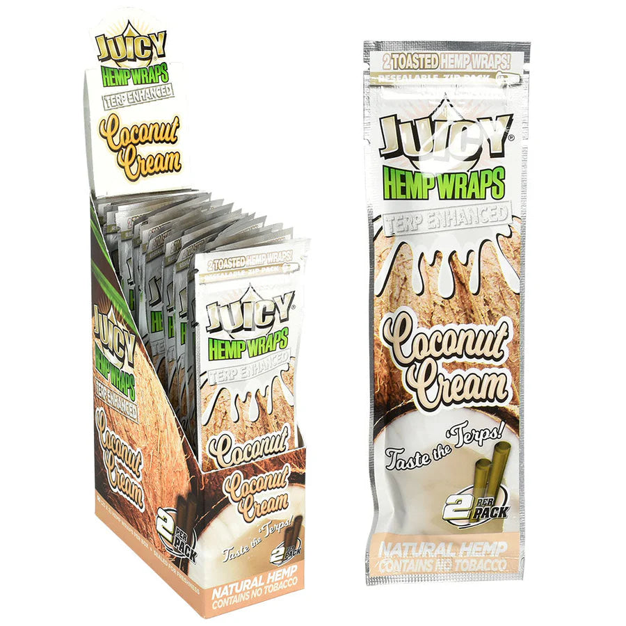 Front view of the Juicy Terp Enhanced Hemp Wraps 25-count display box and packaging in white packaging. Made from 100% natural toasted hemp, these tobacco-free wraps are infused with terpenes for an intensely flavorful and aromatic smoking experience.