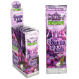 Front view of the Juicy Terp Enhanced Hemp Wraps 25-count display box and packaging in purple packaging. Made from 100% natural toasted hemp, these tobacco-free wraps are infused with terpenes for an intensely flavorful and aromatic smoking experience.