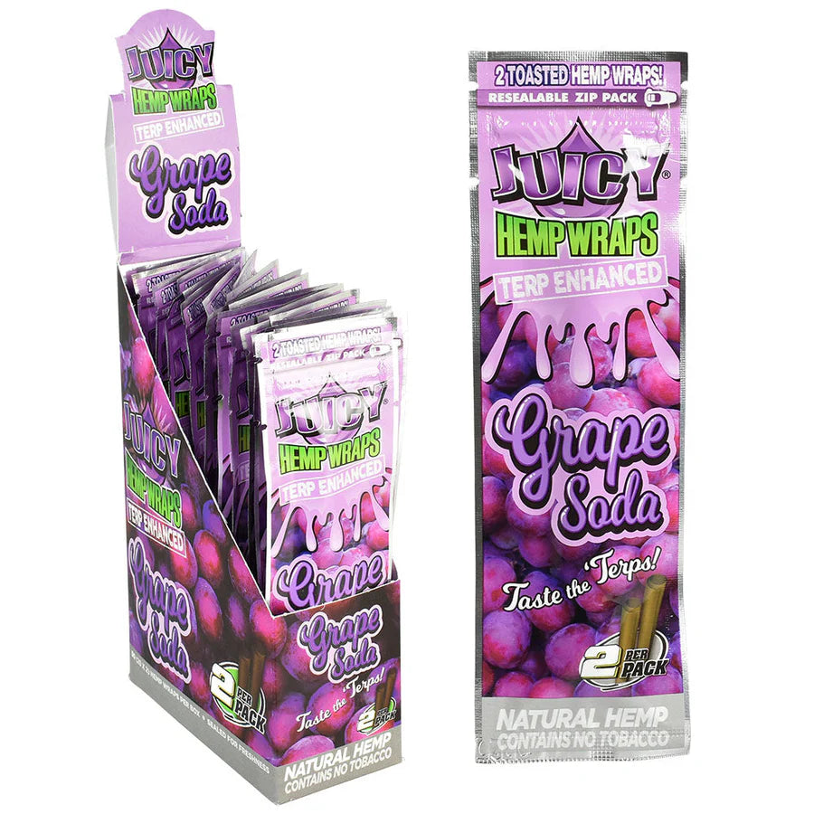 Front view of the Juicy Terp Enhanced Hemp Wraps 25-count display box and packaging in purple packaging. Made from 100% natural toasted hemp, these tobacco-free wraps are infused with terpenes for an intensely flavorful and aromatic smoking experience.