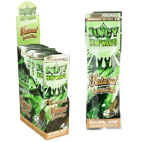 Front view of the Juicy Terp Enhanced Hemp Wraps 25-count display box and packaging in red packaging. Made from 100% natural toasted hemp, these tobacco-free wraps are infused with terpenes for an intensely flavorful and aromatic smoking experience.