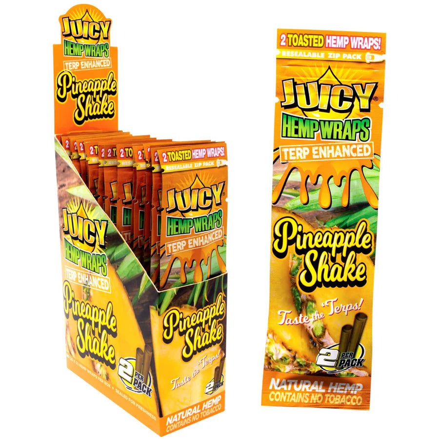Front view of the Juicy Terp Enhanced Hemp Wraps 25-count display box and packaging in orange packaging. Made from 100% natural toasted hemp, these tobacco-free wraps are infused with terpenes for an intensely flavorful and aromatic smoking experience.