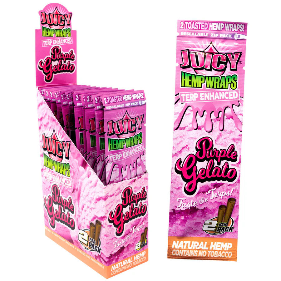 Front view of the Juicy Terp Enhanced Hemp Wraps 25-count display box and packaging in red packaging. Made from 100% natural toasted hemp, these tobacco-free wraps are infused with terpenes for an intensely flavorful and aromatic smoking experience.