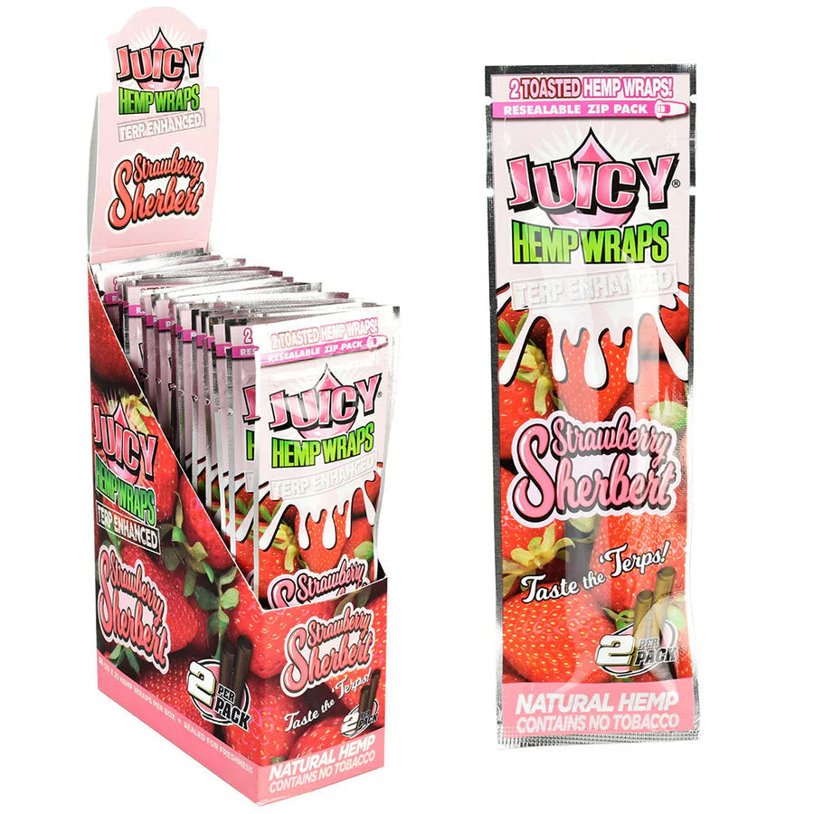Front view of the Juicy Terp Enhanced Hemp Wraps 25-count display box and packaging in red packaging. Made from 100% natural toasted hemp, these tobacco-free wraps are infused with terpenes for an intensely flavorful and aromatic smoking experience.