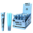 Front angled view of the Jumbo Dutch Pre-Rolled Cones King Size 32-count display carton in a vibrant blue. These fully formed 109-millimeter European paper wraps feature a pre-installed 26mm filter tip and arrive three to a pack.