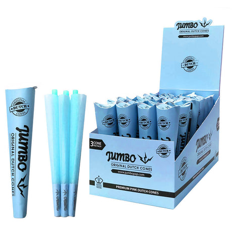 Front angled view of the Jumbo Dutch Pre-Rolled Cones King Size 32-count display carton in a vibrant blue. These fully formed 109-millimeter European paper wraps feature a pre-installed 26mm filter tip and arrive three to a pack.