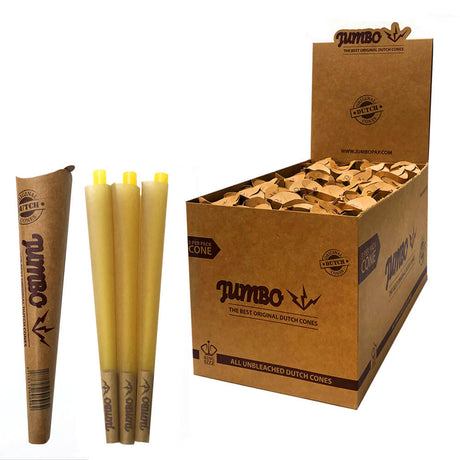 Front angled view of the Jumbo Dutch Pre-Rolled Cones King Size 32-count display carton in an earthy brown. These fully formed 109-millimeter European paper wraps feature a pre-installed 26mm filter tip and arrive three to a pack.