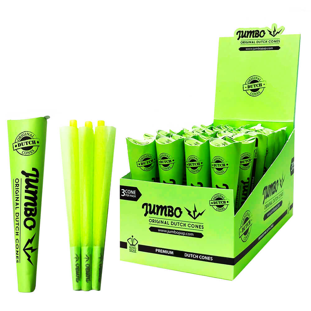 Front angled view of the Jumbo Dutch Pre-Rolled Cones King Size 32-count display carton in a bright green. These fully formed 109-millimeter European paper wraps feature a pre-installed 26mm filter tip and arrive three to a pack.