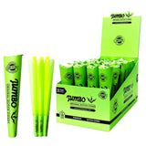 Front angled view of the Jumbo Dutch Pre-Rolled Cones King Size 32-count display carton in a bright green. These fully formed 109-millimeter European paper wraps feature a pre-installed 26mm filter tip and arrive three to a pack.