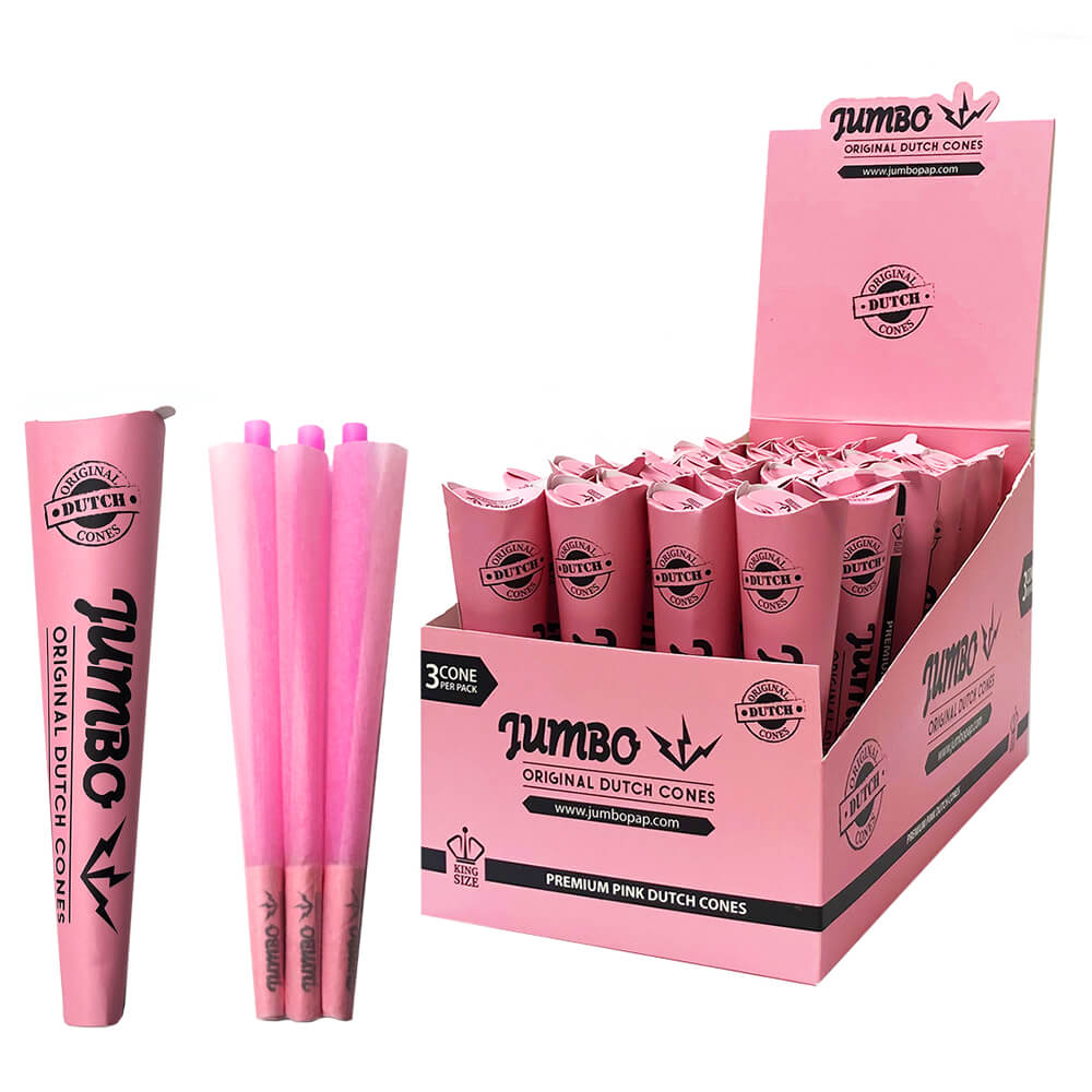 Front angled view of the Jumbo Dutch Pre-Rolled Cones King Size 32-count display carton in a soft pink. These fully formed 109-millimeter European paper wraps feature a pre-installed 26mm filter tip and arrive three to a pack.