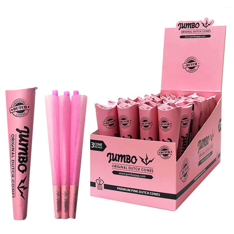 Front angled view of the Jumbo Dutch Pre-Rolled Cones King Size 32-count display carton in a soft pink. These fully formed 109-millimeter European paper wraps feature a pre-installed 26mm filter tip and arrive three to a pack.