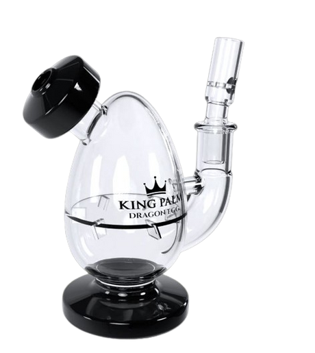 Front view of the King Palm Dragon Egg Bubbler in clear glass. This spherical handheld water filtration attachment features a 10mm joint and turbine percolator designed specifically to accommodate and filter pre-rolled cones and natural leaf tubes.