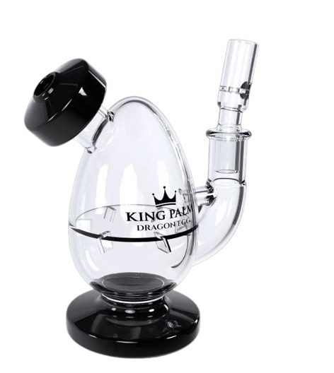 Front view of the King Palm Dragon Egg Bubbler in clear glass. This spherical handheld water filtration attachment features a 10mm joint and turbine percolator designed specifically to accommodate and filter pre-rolled cones and natural leaf tubes.
