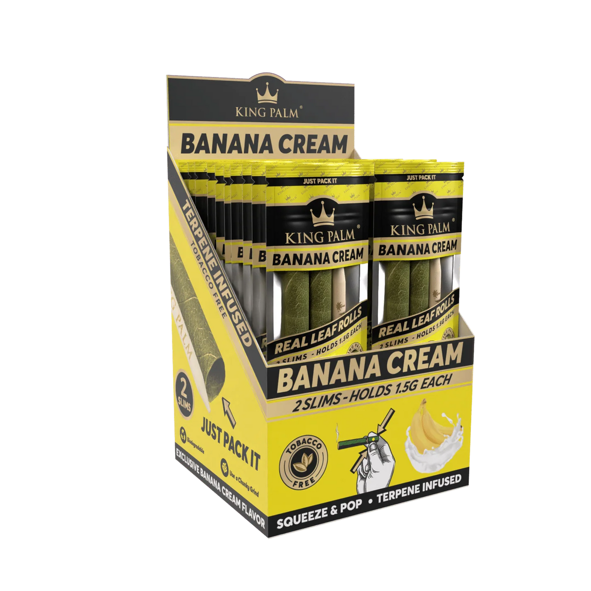 Front angled view of the King Palm Flavored Slim Rolls 20-count display box in bright yellow packaging. Hand-rolled from natural leaves, these tobacco-free slim cones feature a squeeze-and-pop terpene flavor bead in the filter for an enhanced smoking experience.