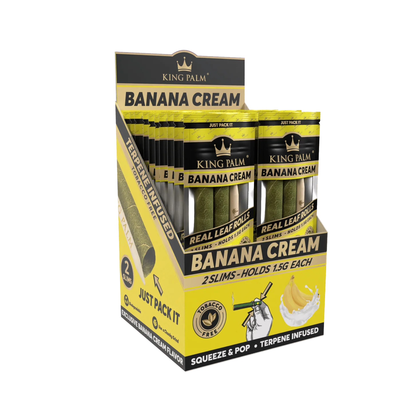 Front angled view of the King Palm Flavored Slim Rolls 20-count display box in bright yellow packaging. Hand-rolled from natural leaves, these tobacco-free slim cones feature a squeeze-and-pop terpene flavor bead in the filter for an enhanced smoking experience.