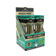Front angled view of the King Palm Flavored Slim Rolls 20-count display box in bright cyan packaging. Hand-rolled from natural leaves, these tobacco-free slim cones feature a squeeze-and-pop terpene flavor bead in the filter for an enhanced smoking experience.