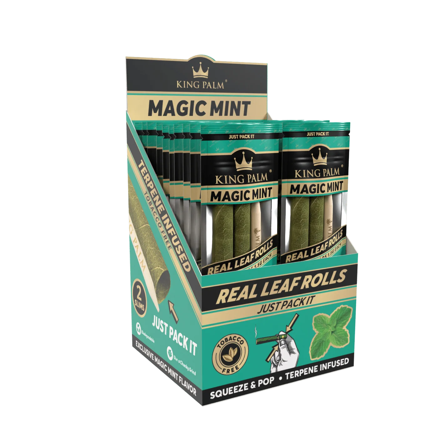 Front angled view of the King Palm Flavored Slim Rolls 20-count display box in bright cyan packaging. Hand-rolled from natural leaves, these tobacco-free slim cones feature a squeeze-and-pop terpene flavor bead in the filter for an enhanced smoking experience.