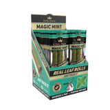 Front angled view of the King Palm Flavored Slim Rolls 20-count display box in bright cyan packaging. Hand-rolled from natural leaves, these tobacco-free slim cones feature a squeeze-and-pop terpene flavor bead in the filter for an enhanced smoking experience.
