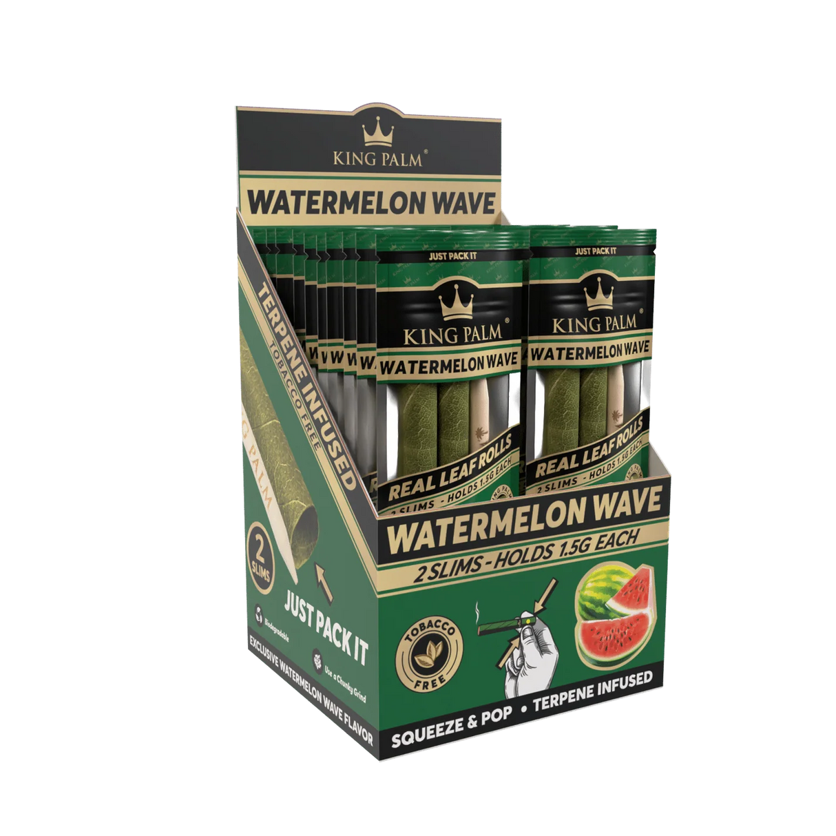 Front angled view of the King Palm Flavored Slim Rolls 20-count display box in dark green packaging. Hand-rolled from natural leaves, these tobacco-free slim cones feature a squeeze-and-pop terpene flavor bead in the filter for an enhanced smoking experience.