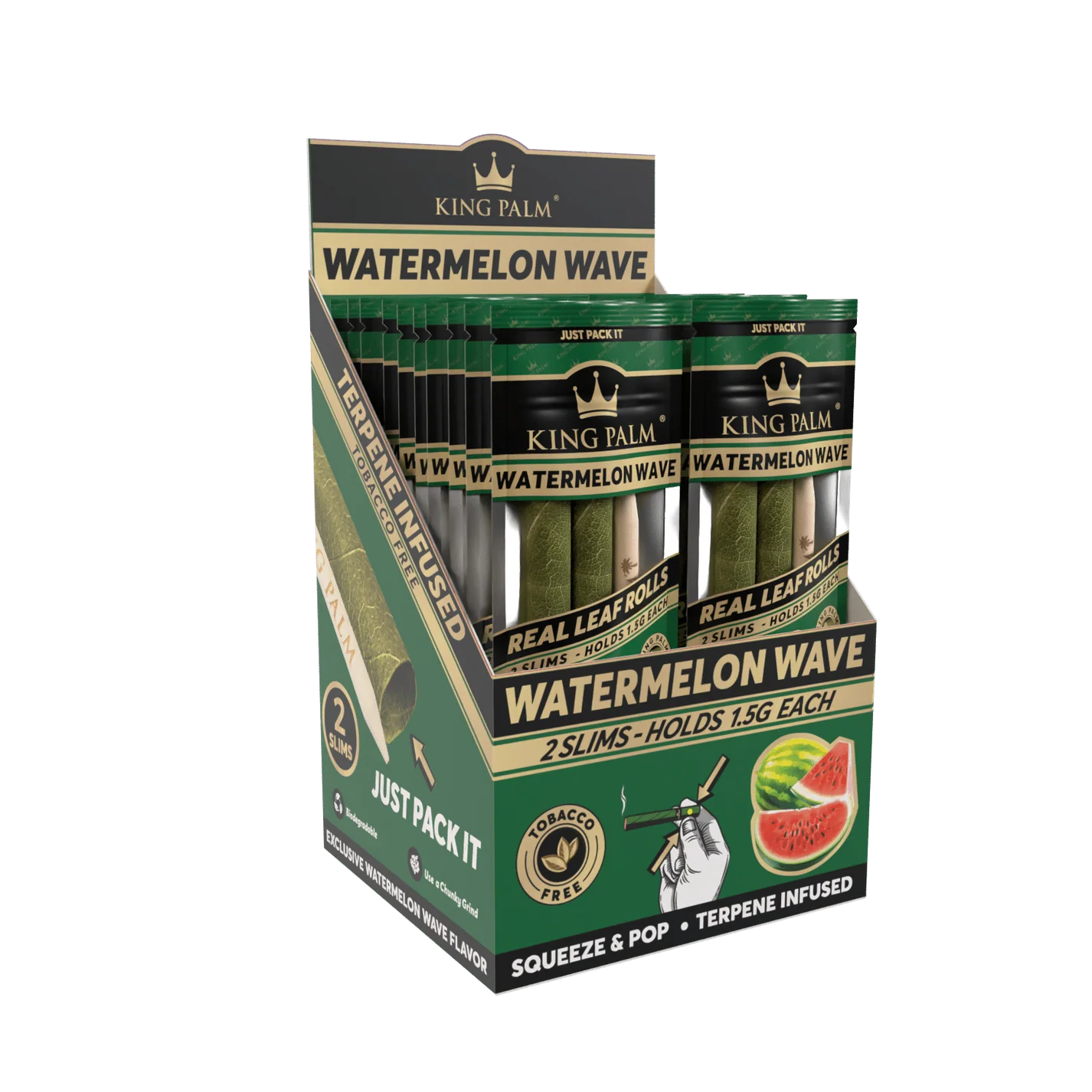 Front angled view of the King Palm Flavored Slim Rolls 20-count display box in dark green packaging. Hand-rolled from natural leaves, these tobacco-free slim cones feature a squeeze-and-pop terpene flavor bead in the filter for an enhanced smoking experience.