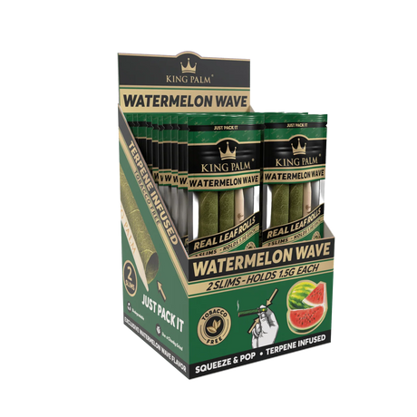 Front angled view of the King Palm Flavored Slim Rolls 20-count display box in dark green packaging. Hand-rolled from natural leaves, these tobacco-free slim cones feature a squeeze-and-pop terpene flavor bead in the filter for an enhanced smoking experience.