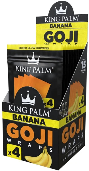 Front angled view of the King Palm Goji Blunt Wraps 15-count display box in bright yellow packaging. Made from 100% organic goji berries, these slow-burning, tobacco-free wraps include Model X filter tips for a cool and flavorful smoking experience.