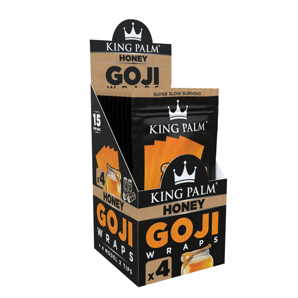 Front angled view of the King Palm Goji Blunt Wraps 15-count display box in bright orange packaging. Made from 100% organic goji berries, these slow-burning, tobacco-free wraps include Model X filter tips for a cool and flavorful smoking experience.