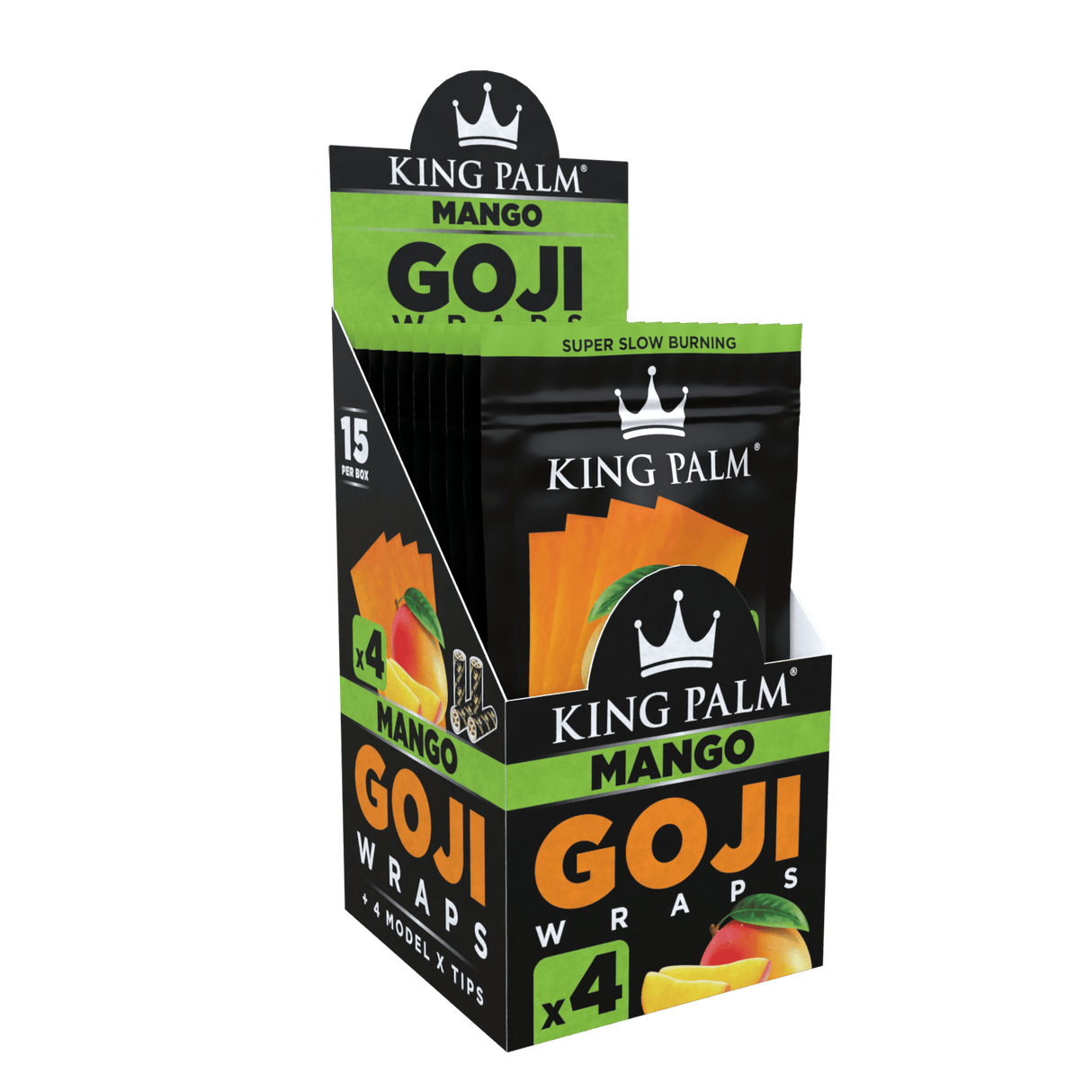 Front angled view of the King Palm Goji Blunt Wraps 15-count display box in bright green packaging. Made from 100% organic goji berries, these slow-burning, tobacco-free wraps include Model X filter tips for a cool and flavorful smoking experience.