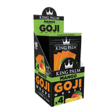 Front angled view of the King Palm Goji Blunt Wraps 15-count display box in bright green packaging. Made from 100% organic goji berries, these slow-burning, tobacco-free wraps include Model X filter tips for a cool and flavorful smoking experience.