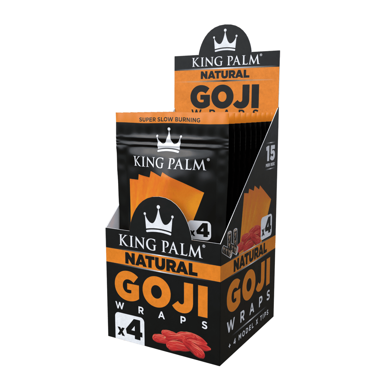 Front angled view of the King Palm Goji Blunt Wraps 15-count display box in bright orange packaging. Made from 100% organic goji berries, these slow-burning, tobacco-free wraps include Model X filter tips for a cool and flavorful smoking experience.