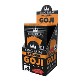 Front angled view of the King Palm Goji Blunt Wraps 15-count display box in bright orange packaging. Made from 100% organic goji berries, these slow-burning, tobacco-free wraps include Model X filter tips for a cool and flavorful smoking experience.