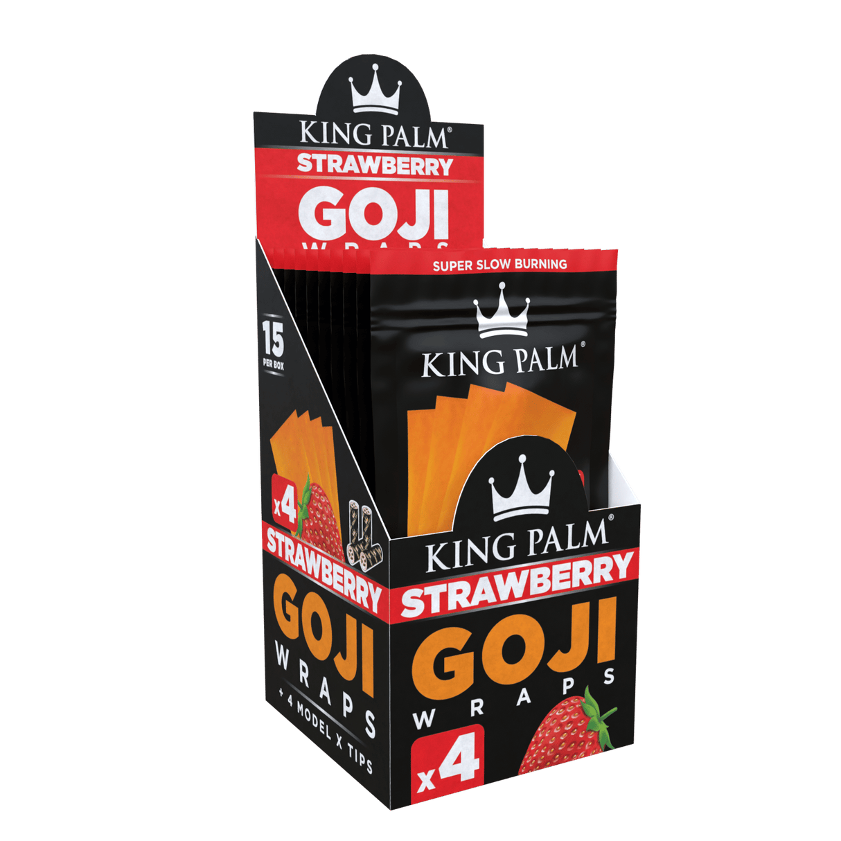 Front angled view of the King Palm Goji Blunt Wraps 15-count display box in bright red and orange packaging. Made from 100% organic goji berries, these slow-burning, tobacco-free wraps include Model X filter tips for a cool and flavorful smoking experience.