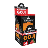 Front angled view of the King Palm Goji Blunt Wraps 15-count display box in bright red and orange packaging. Made from 100% organic goji berries, these slow-burning, tobacco-free wraps include Model X filter tips for a cool and flavorful smoking experience.