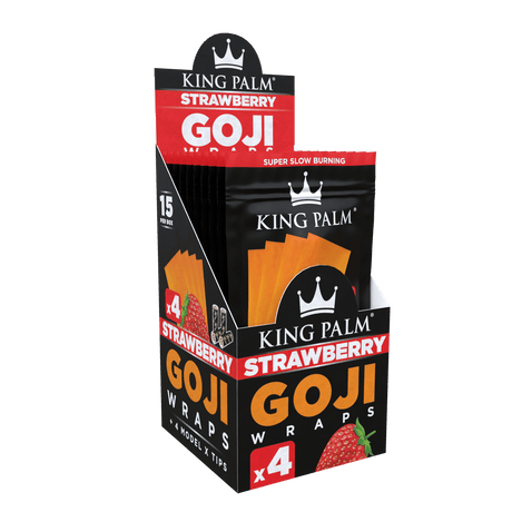 Front angled view of the King Palm Goji Blunt Wraps 15-count display box in bright red and orange packaging. Made from 100% organic goji berries, these slow-burning, tobacco-free wraps include Model X filter tips for a cool and flavorful smoking experience.