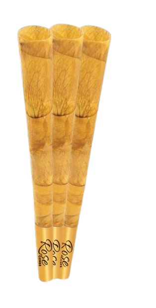Front view of three King Palm Gold Rose King Size cones in a bright gold finish. These ready-to-pack, tobacco-free wraps are constructed from real rose petals and feature a pre-installed filter tip.
