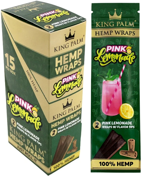Front angled view of the King Palm Hemp Wraps with Flavor Tips 15-count display box in vibrant pink. These 100% hemp wraps feature a squeeze-and-pop flavor filter tip for an enhanced, slow-burning, tobacco-free smoking experience.