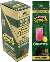 Front angled view of the King Palm Hemp Wraps with Flavor Tips 15-count display box in vibrant pink. These 100% hemp wraps feature a squeeze-and-pop flavor filter tip for an enhanced, slow-burning, tobacco-free smoking experience.