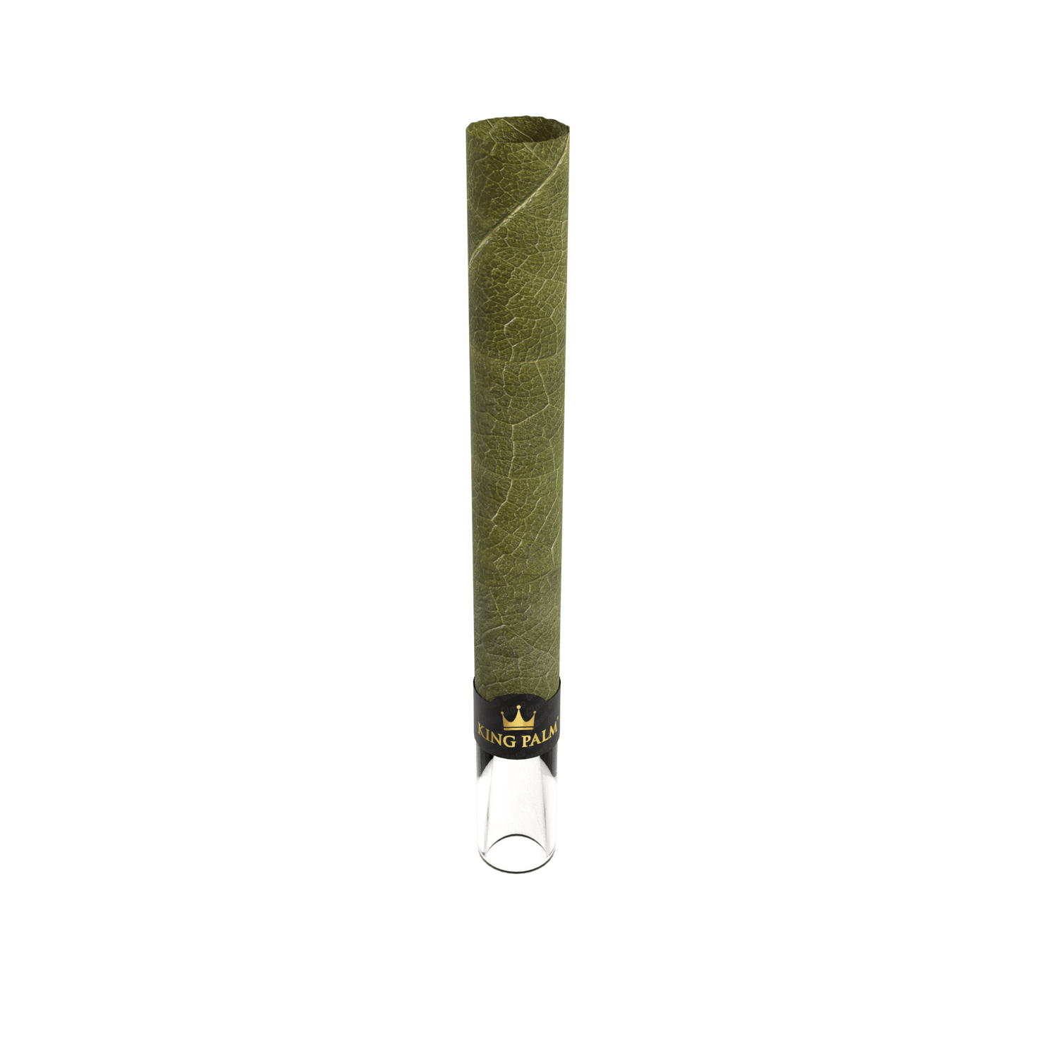 Profile view of a single King Palm Mini Cone featuring a natural green cordia leaf and a clear glass tip. This ready-to-pack, one-gram capacity leaf cylinder utilizes a pre-installed borosilicate glass mouthpiece that cools the draw and prevents compression.