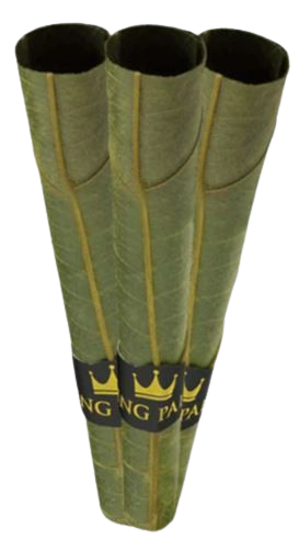 Front view of three King Palm Natural Cones in the 70mm Mini size with an included wooden packing stick. These tobacco-free Cordia leaf wraps feature a tapered design and a pre-installed paper filter for a smooth, ready-to-pack draw.