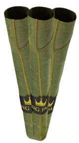 Front view of three King Palm Natural Cones in the 70mm Mini size with an included wooden packing stick. These tobacco-free Cordia leaf wraps feature a tapered design and a pre-installed paper filter for a smooth, ready-to-pack draw.