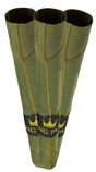 Front view of three King Palm Natural Cones in the 70mm Mini size with an included wooden packing stick. These tobacco-free Cordia leaf wraps feature a tapered design and a pre-installed paper filter for a smooth, ready-to-pack draw.