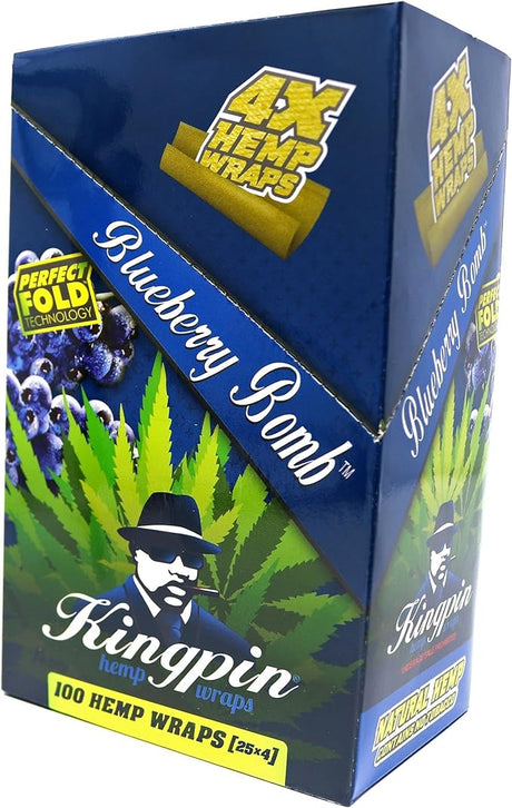 Front angled view of the Kingpin 4X Flavored Hemp Wraps 25-count display box in deep blue and green packaging. Made from 100% natural toasted hemp, these tobacco-free wraps feature a "perfect fold" design for easy rolling and come four to a pack in resealable pouches.