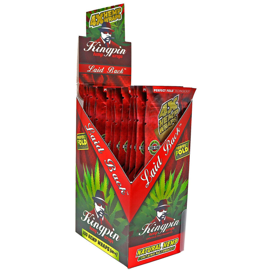 Front angled view of the Kingpin 4X Flavored Hemp Wraps 25-count display box in bright red and green packaging. Made from 100% natural toasted hemp, these tobacco-free wraps feature a "perfect fold" design for easy rolling and come four to a pack in resealable pouches.