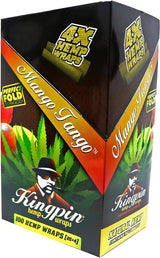 Front angled view of the Kingpin 4X Flavored Hemp Wraps 25-count display box in dark orange and green packaging. Made from 100% natural toasted hemp, these tobacco-free wraps feature a "perfect fold" design for easy rolling and come four to a pack in resealable pouches.