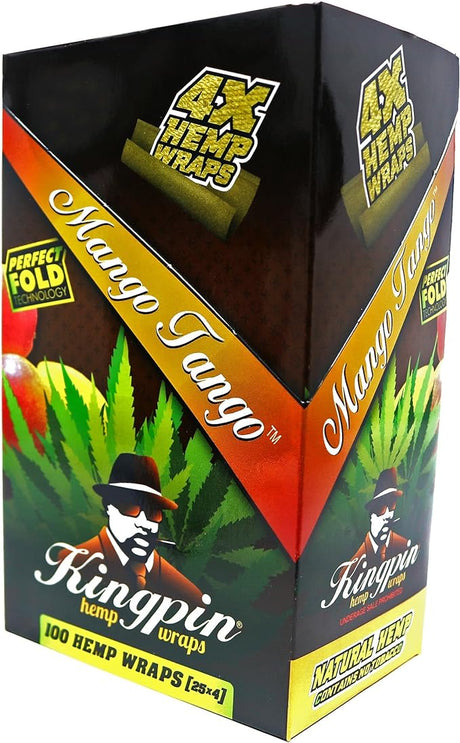 Front angled view of the Kingpin 4X Flavored Hemp Wraps 25-count display box in dark orange and green packaging. Made from 100% natural toasted hemp, these tobacco-free wraps feature a "perfect fold" design for easy rolling and come four to a pack in resealable pouches.