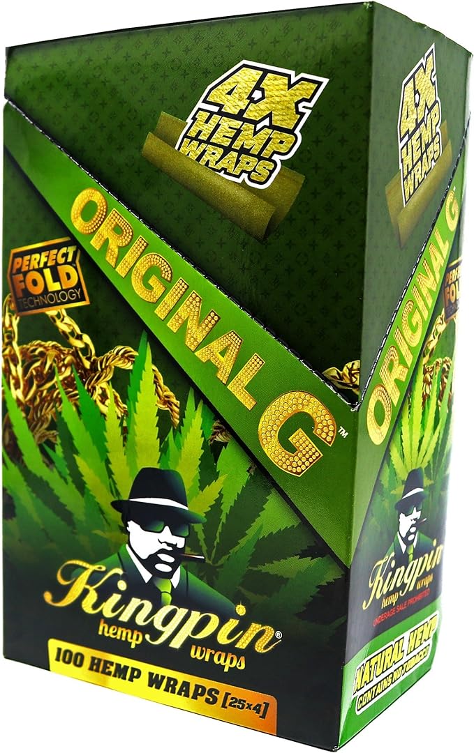 Front angled view of the Kingpin 4X Flavored Hemp Wraps 25-count display box in bright green and gold packaging. Made from 100% natural toasted hemp, these tobacco-free wraps feature a "perfect fold" design for easy rolling and come four to a pack in resealable pouches.