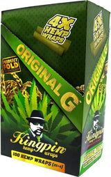 Front angled view of the Kingpin 4X Flavored Hemp Wraps 25-count display box in bright green and gold packaging. Made from 100% natural toasted hemp, these tobacco-free wraps feature a "perfect fold" design for easy rolling and come four to a pack in resealable pouches.